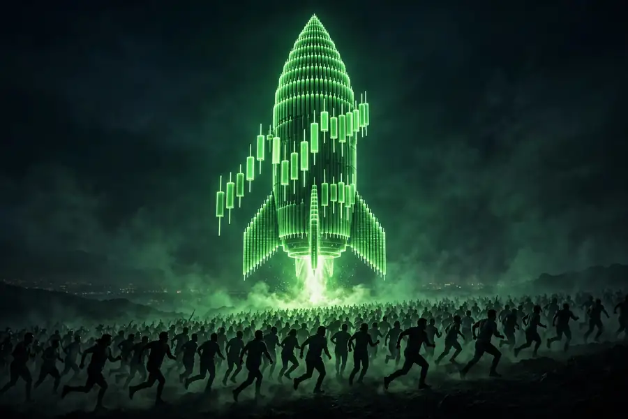 Crowd rushing toward a rising chart