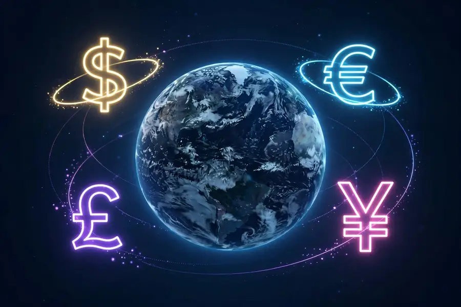 Globe with currency symbols