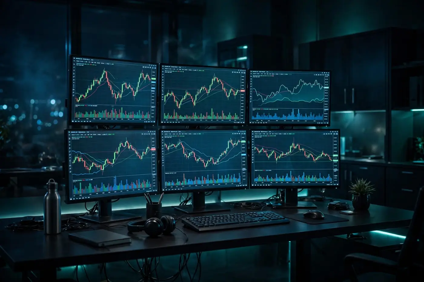 Trading desk with multiple monitors showing market charts